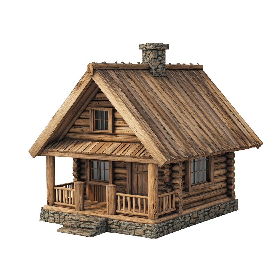 Rustic Wooden Cabin With Porch And Stone Base Isolated on Transparent Background png
