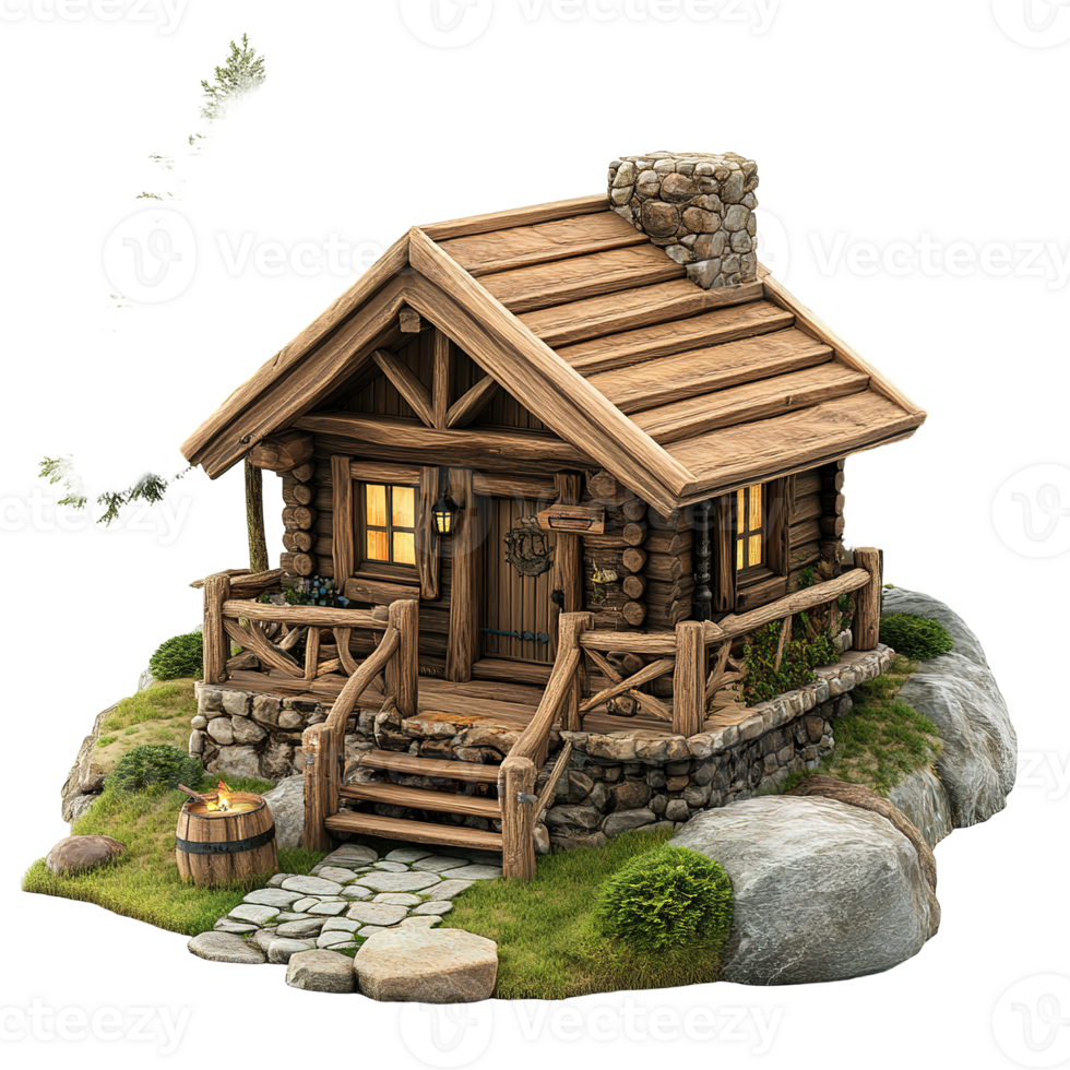 Charming Wooden Cabin Nestled Amongst Rocks and Greenery Isolated on Transparent Background png