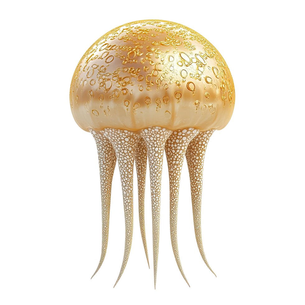 Golden Jellyfish with Intricate Textured Bell and Tentacles Isolated on Transparent Background png