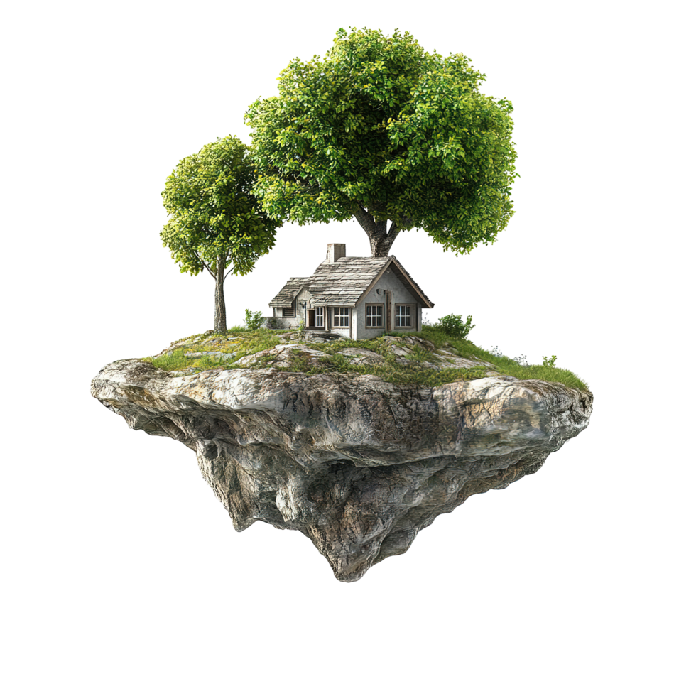 A Small House Nestled Among Trees on a Floating Rock Island png