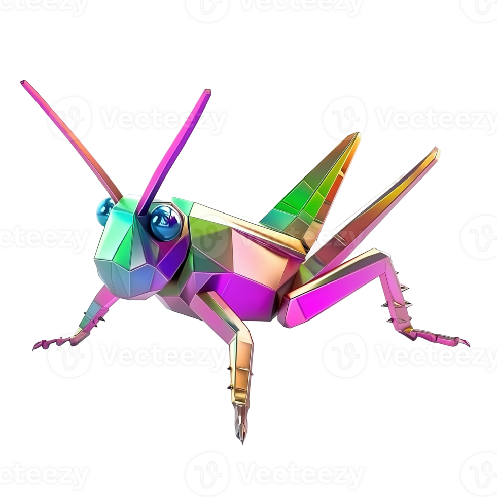 A vibrant iridescent geometric grasshopper model, Isolated on Transparent Background png