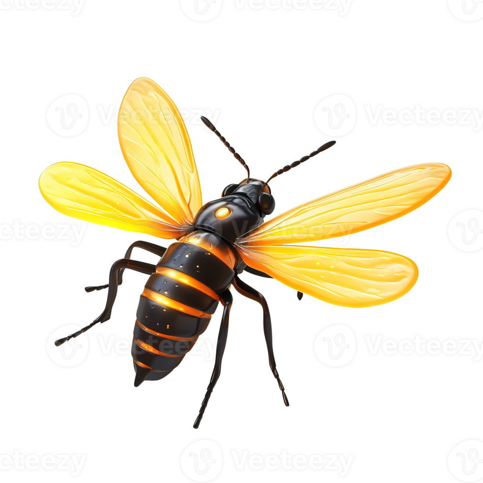 A stylized robotic bee with luminous yellow wings, Isolated on Transparent Background png
