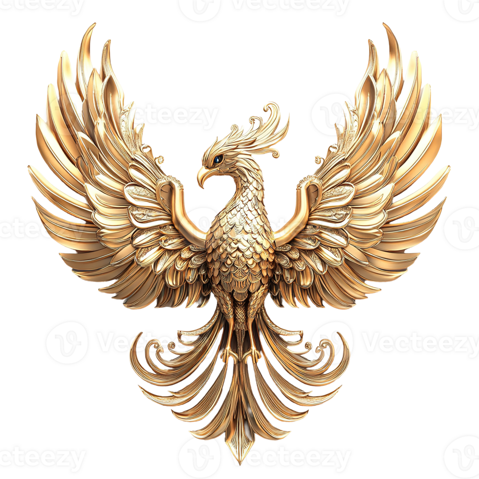 A Golden Phoenix Sculpture with Outstretched Wings Isolated on Transparent Background png