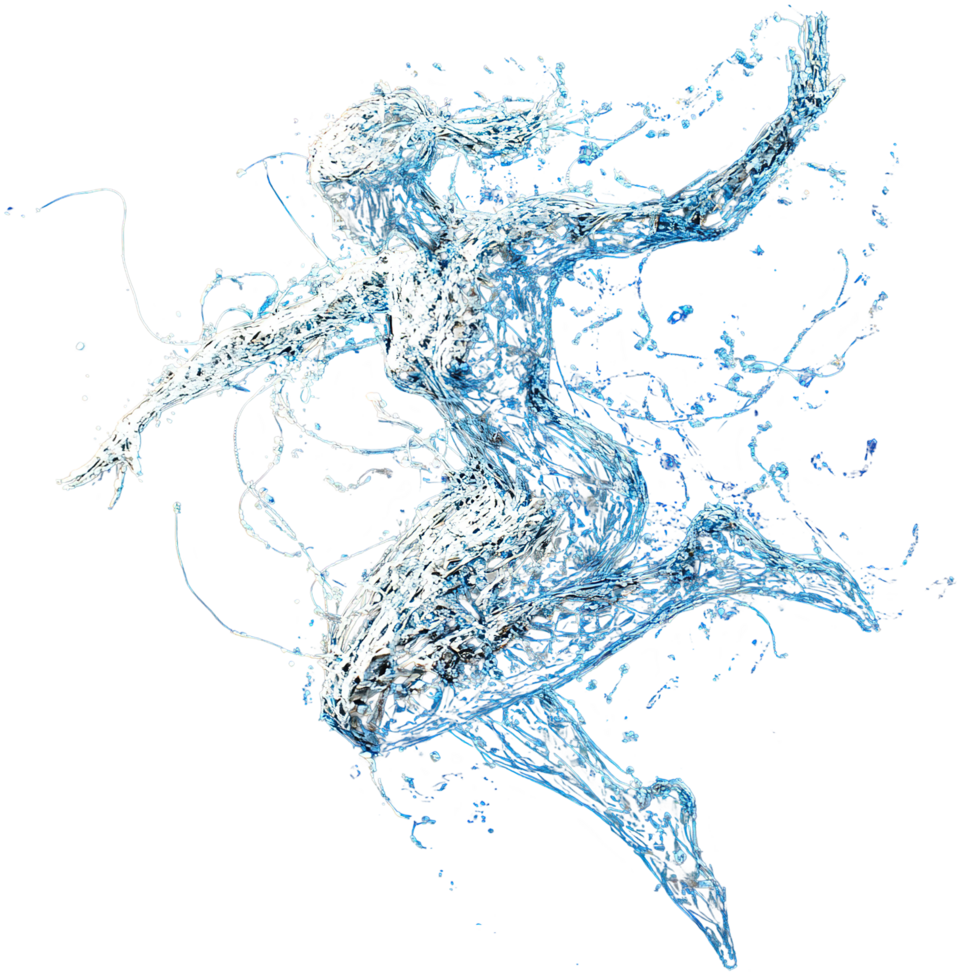 Water Formed Woman Leaps Dynamically Through Space Isolated on Transparent Background png