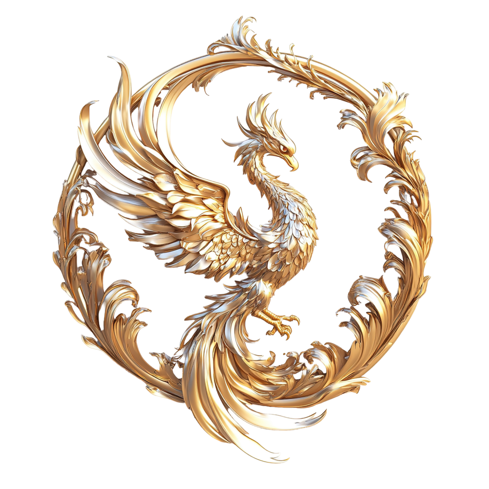 Golden Phoenix Encircled By Ornate Rococo Design Isolated on Transparent Background png