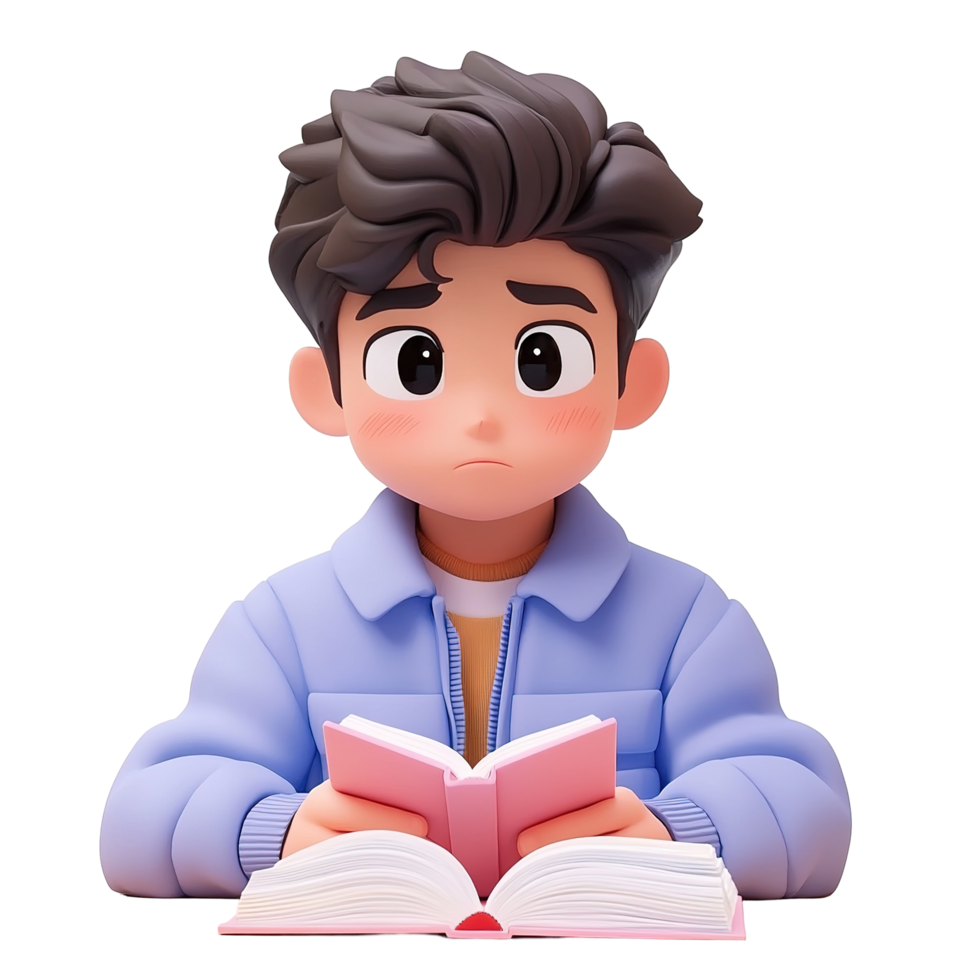 Boy Reads Book Showing Thoughtful Expression Isolated on Transparent Background png