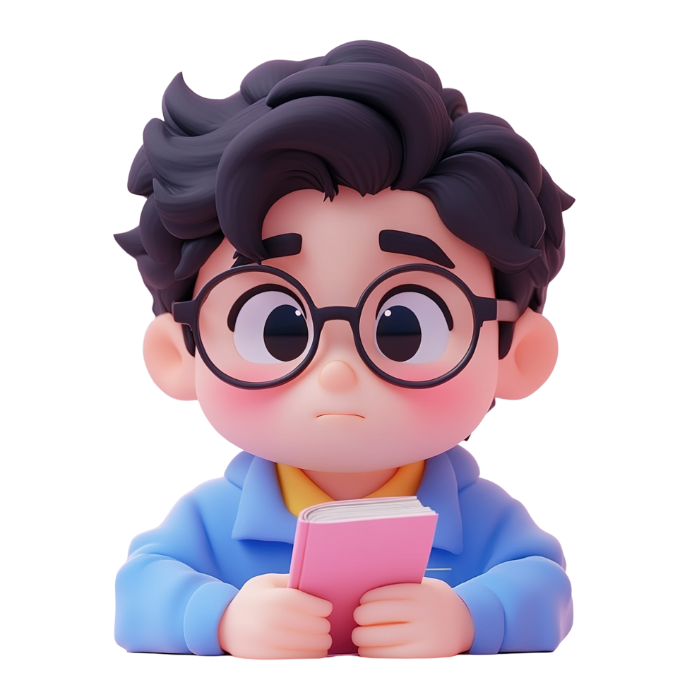 A 3D rendered boy thoughtfully reads a pink book Isolated on Transparent Background png