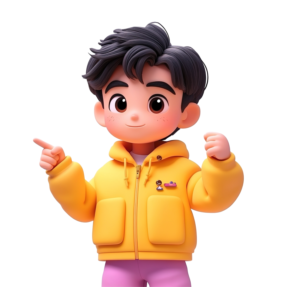 A cheerful cartoon boy wearing a yellow jacket Isolated on Transparent Background png