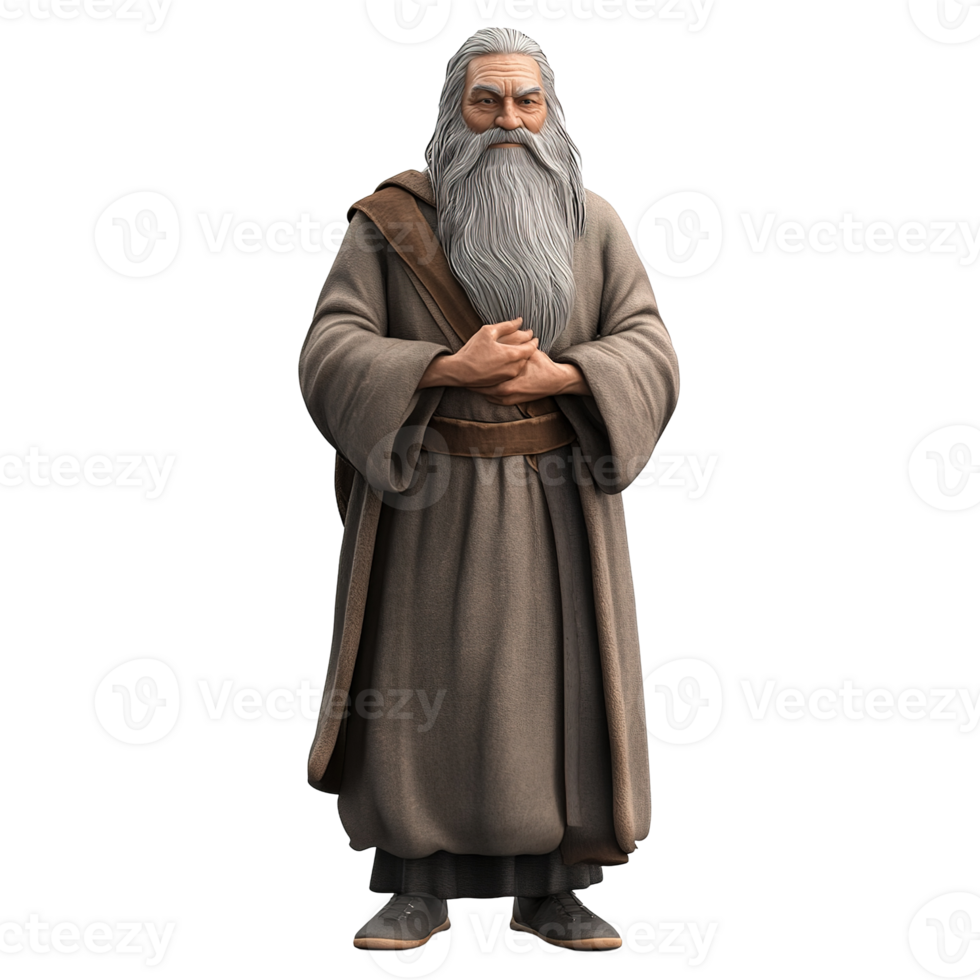 Elderly Wise Man with Long White Beard in Robe Isolated on Transparent Background png