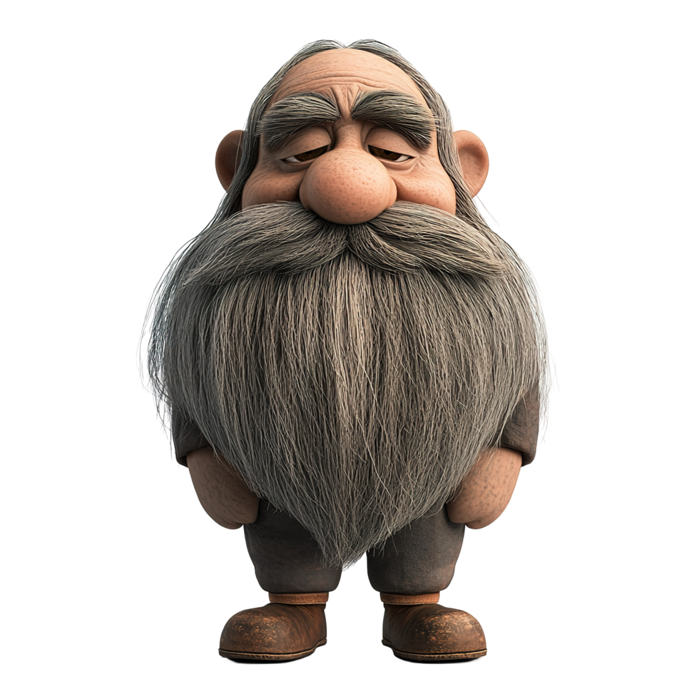 A weary cartoon elder with a long grey beard stands sadly Isolated on Transparent Background png
