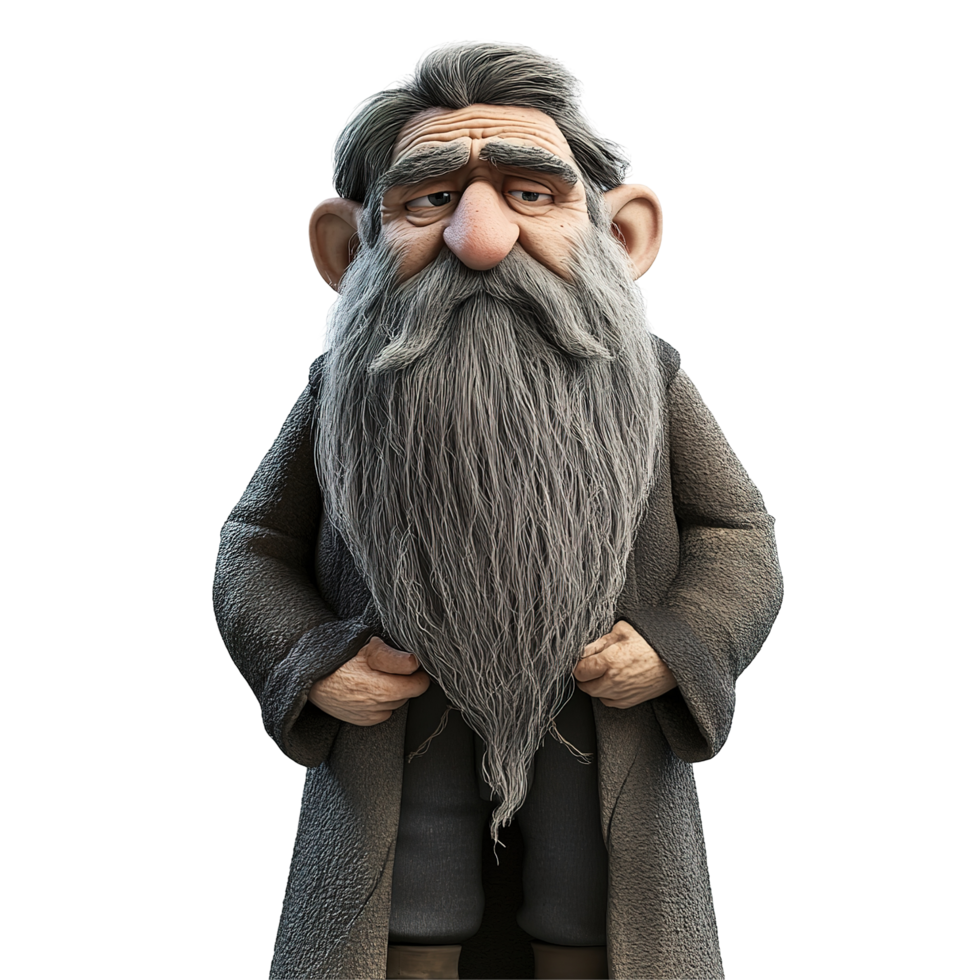 An elderly cartoon man with a long gray beard Isolated on Transparent Background png
