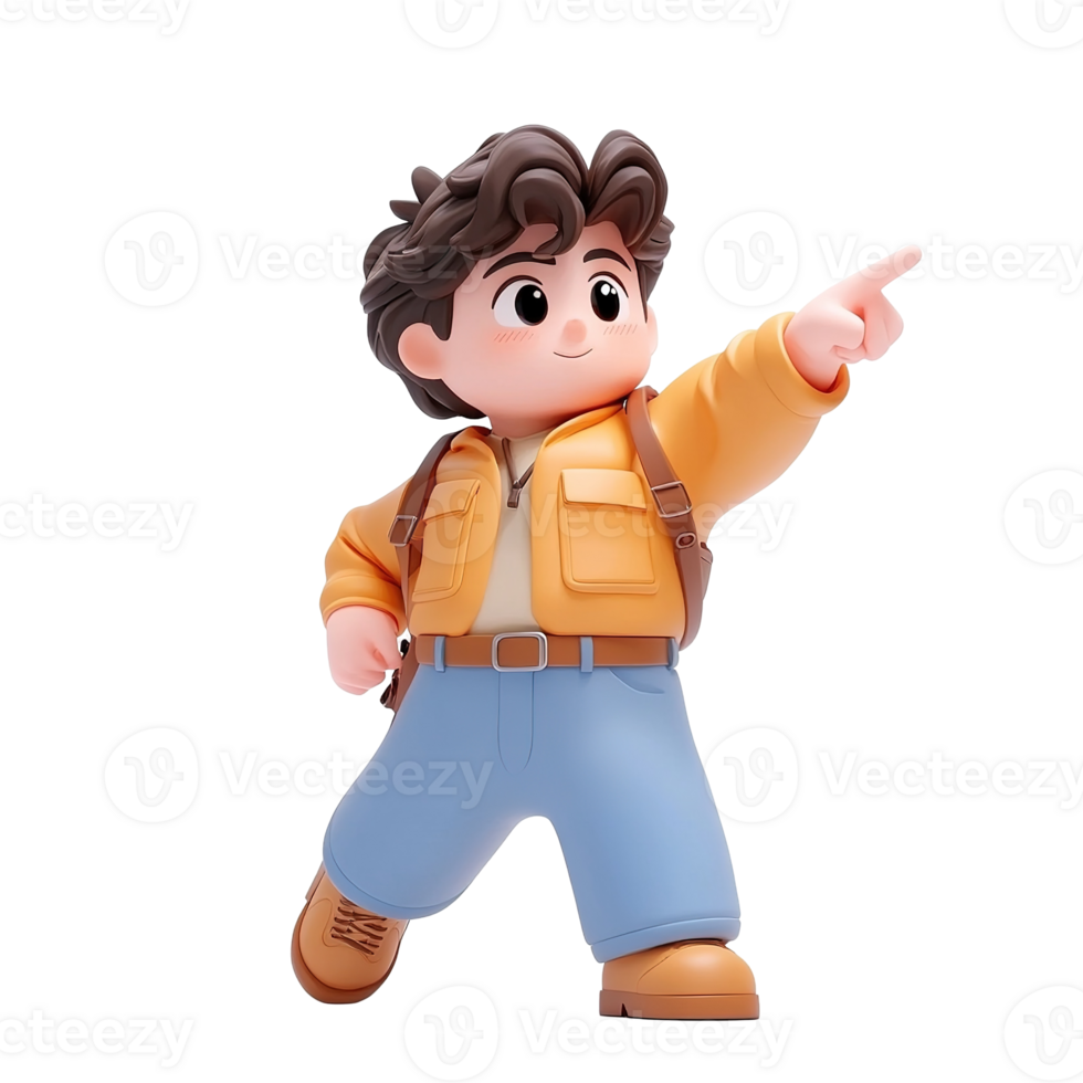 A 3D rendered boy points forward while wearing a yellow jacket Isolated on Transparent Background png