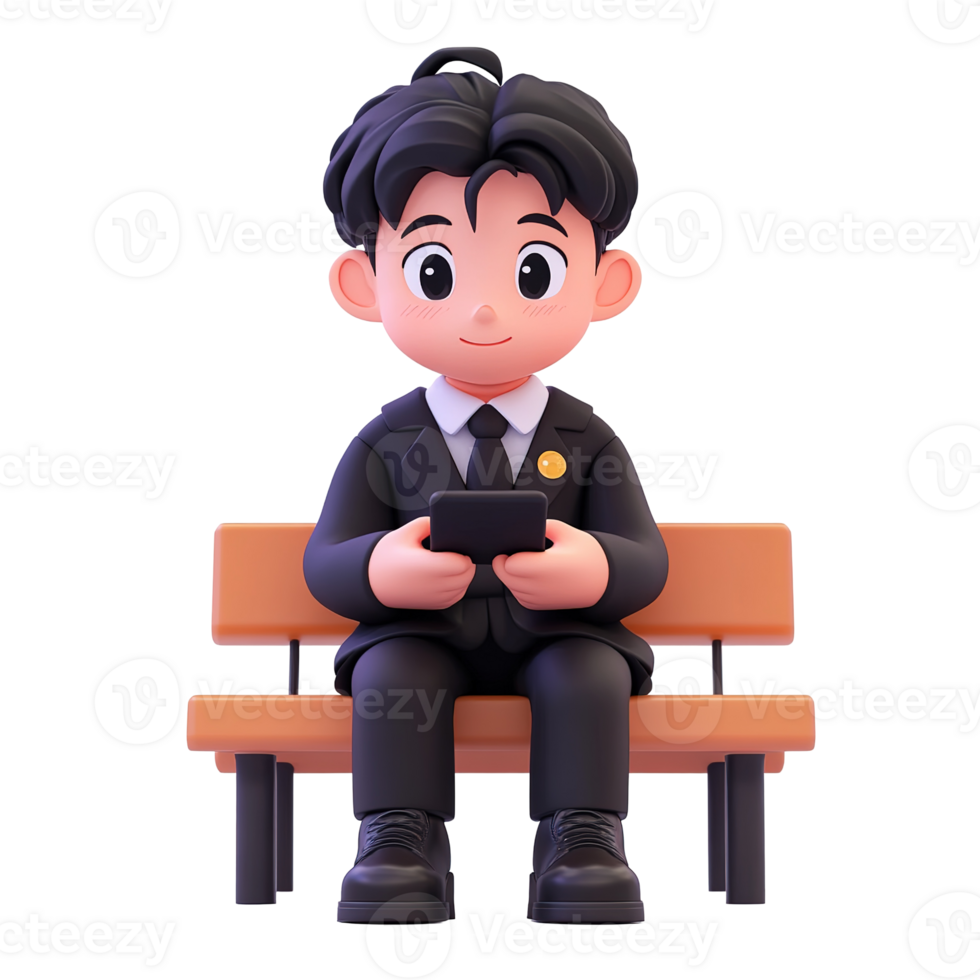 Cartoon businessman sits on bench using smartphone Isolated on Transparent Background png