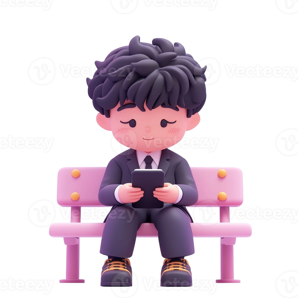 Cartoon Man Sitting on Bench Using Smartphone Isolated on Transparent Background png