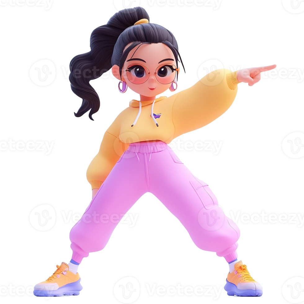 Stylish Cartoon Girl Posing in Trendy Outfit Isolated on Transparent Background png