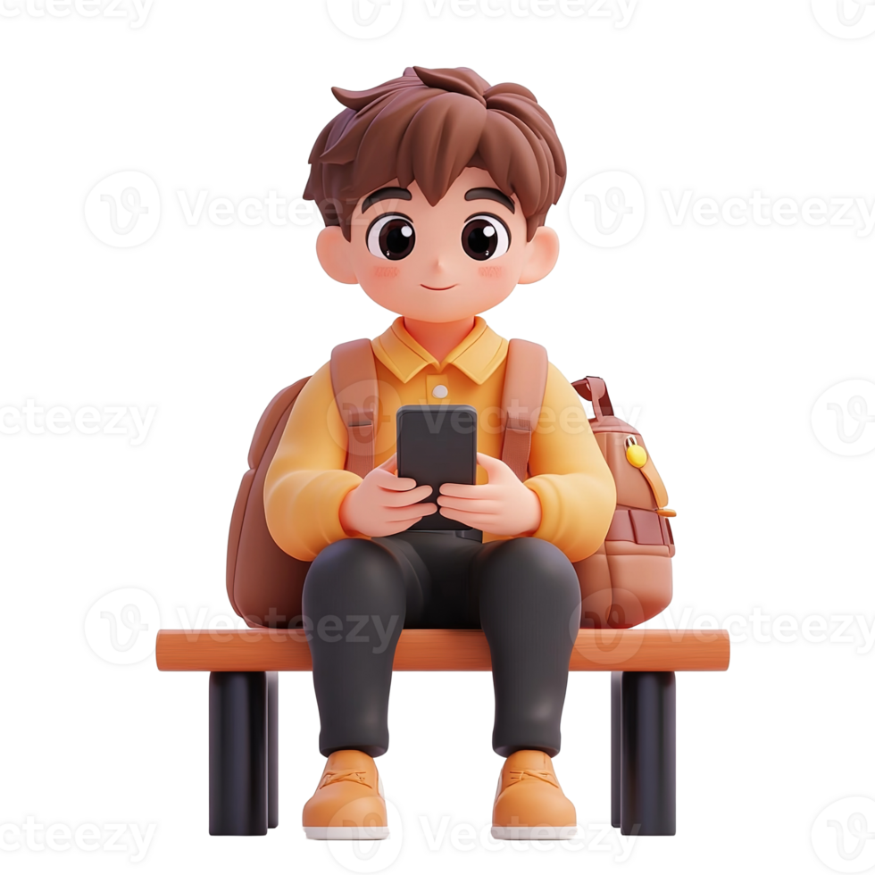 A Boy with Backpack Uses Smartphone While Sitting Isolated on Transparent Background png