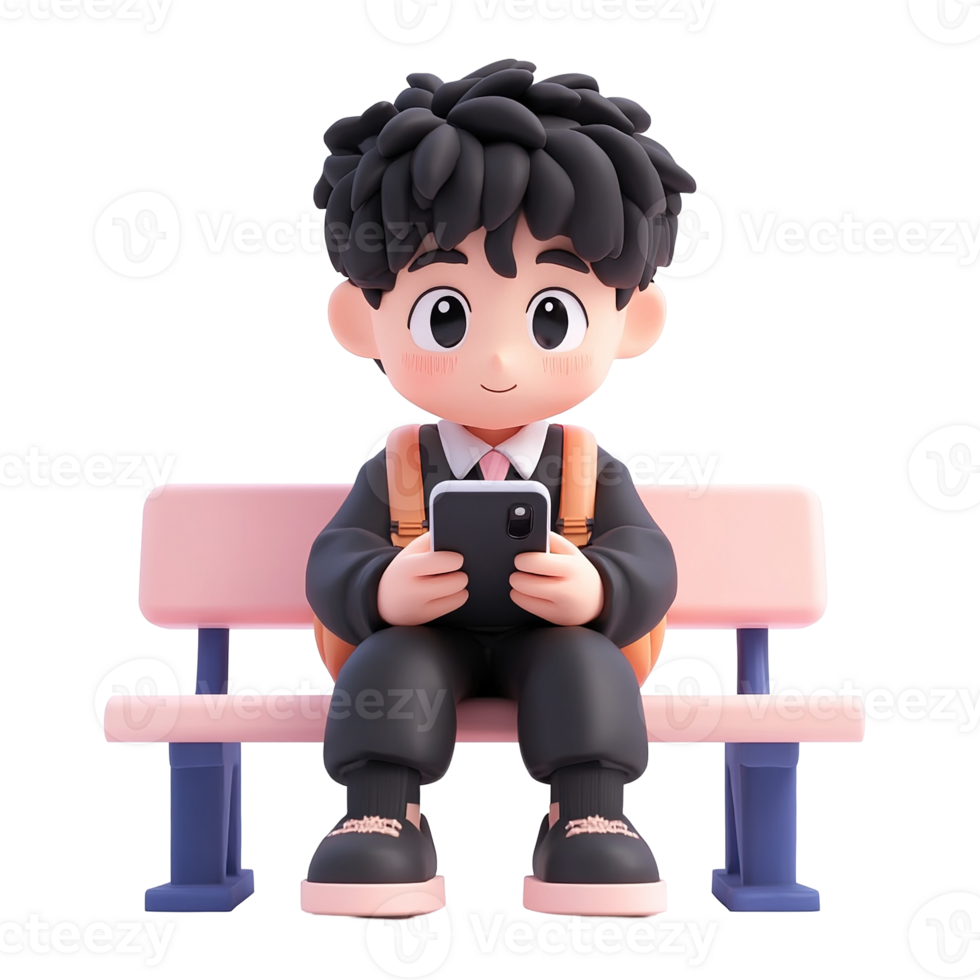 Cartoon Boy Student Using Smartphone On Bench Isolated on Transparent Background png