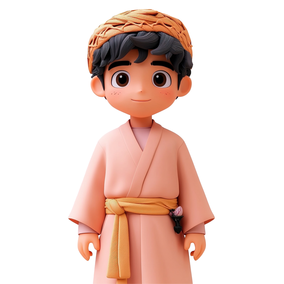 A Young Boy in Peach Robe and Headwrap Isolated on Transparent Background png