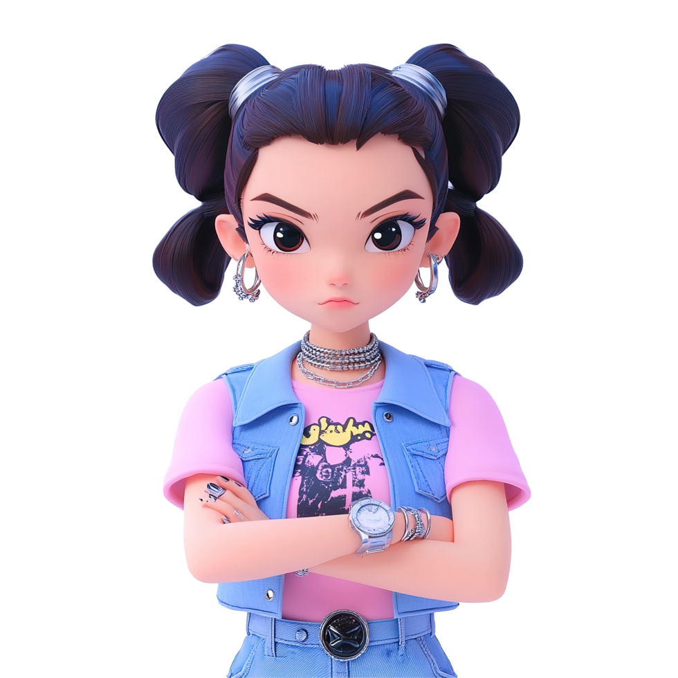 Stylish Anime Girl Posing Confidently With Crossed Arms Isolated on Transparent Background png