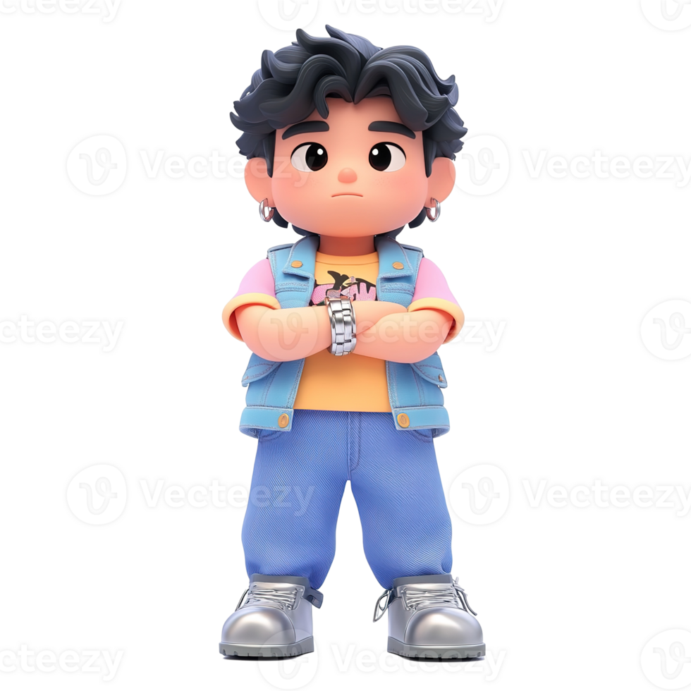 A stylish 3D rendered boy model stands with arms crossed Isolated on Transparent Background png