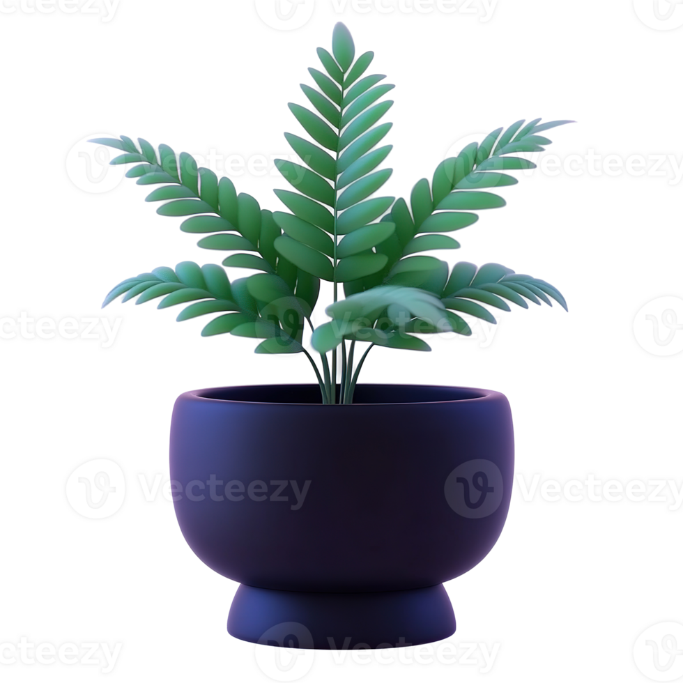 A stylized fern plant in a dark pot sits Isolated on Transparent Background png