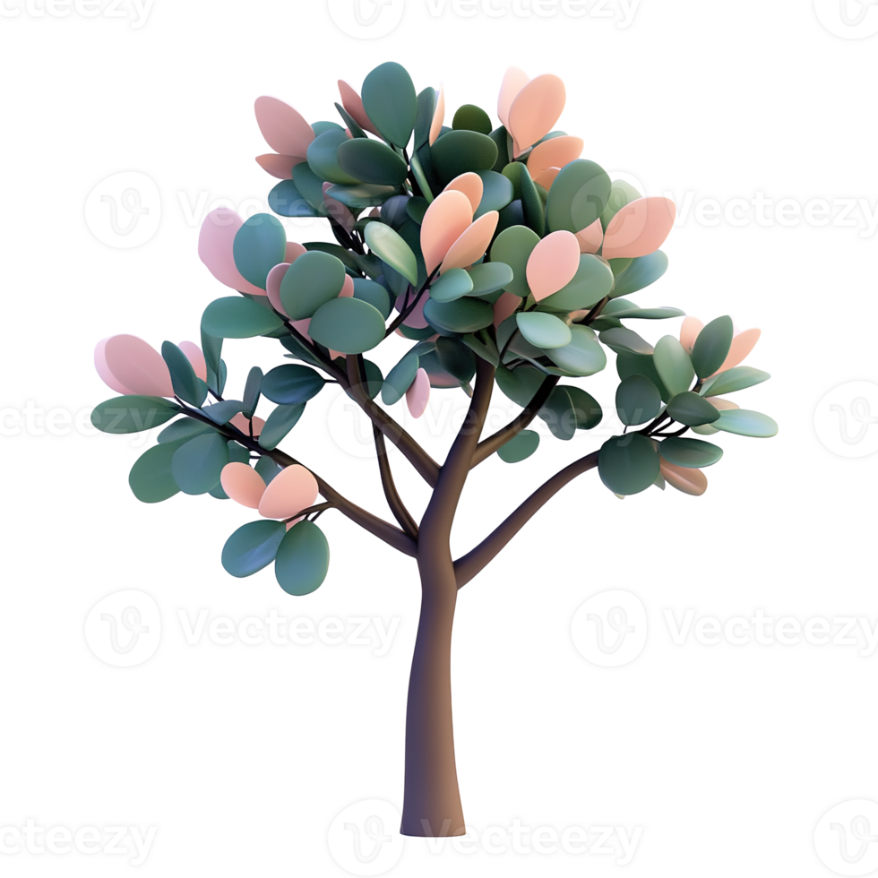 Stylized Cartoon Tree with Green and Pink Leaves Isolated on Transparent Background png