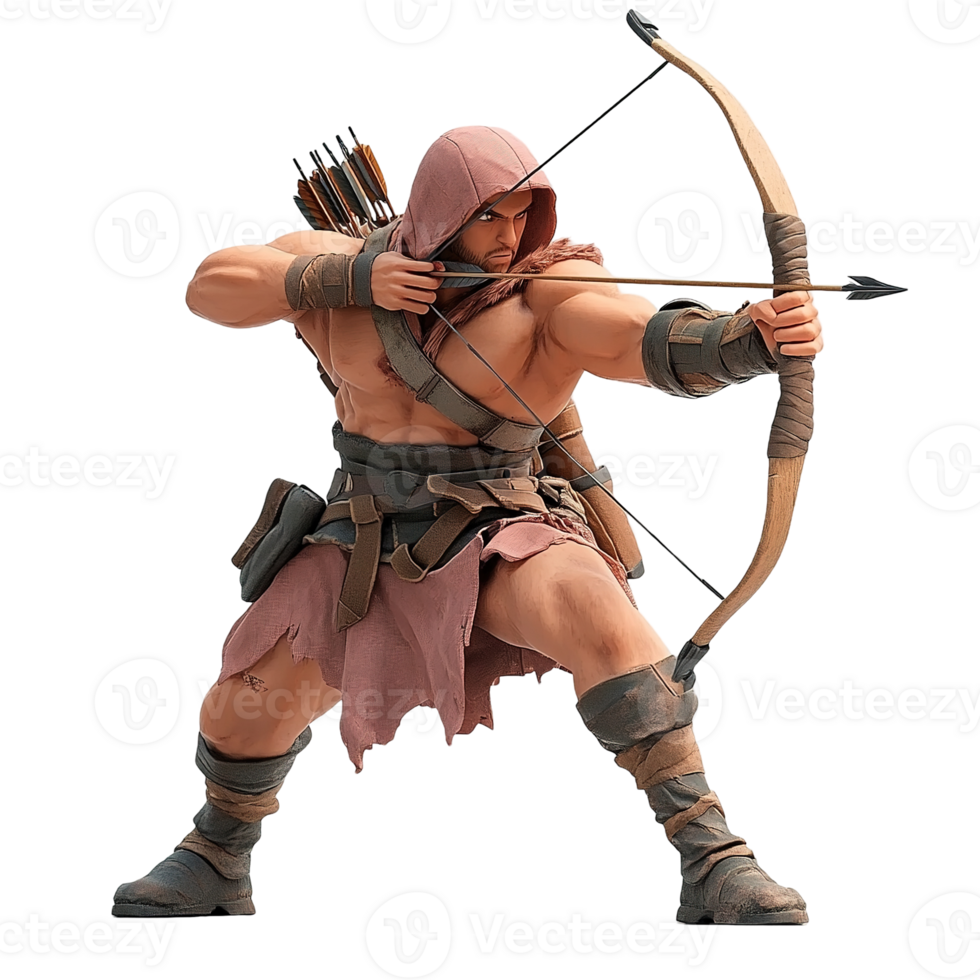 Muscular Archer Aims His Bow and Arrow Isolated on Transparent Background png