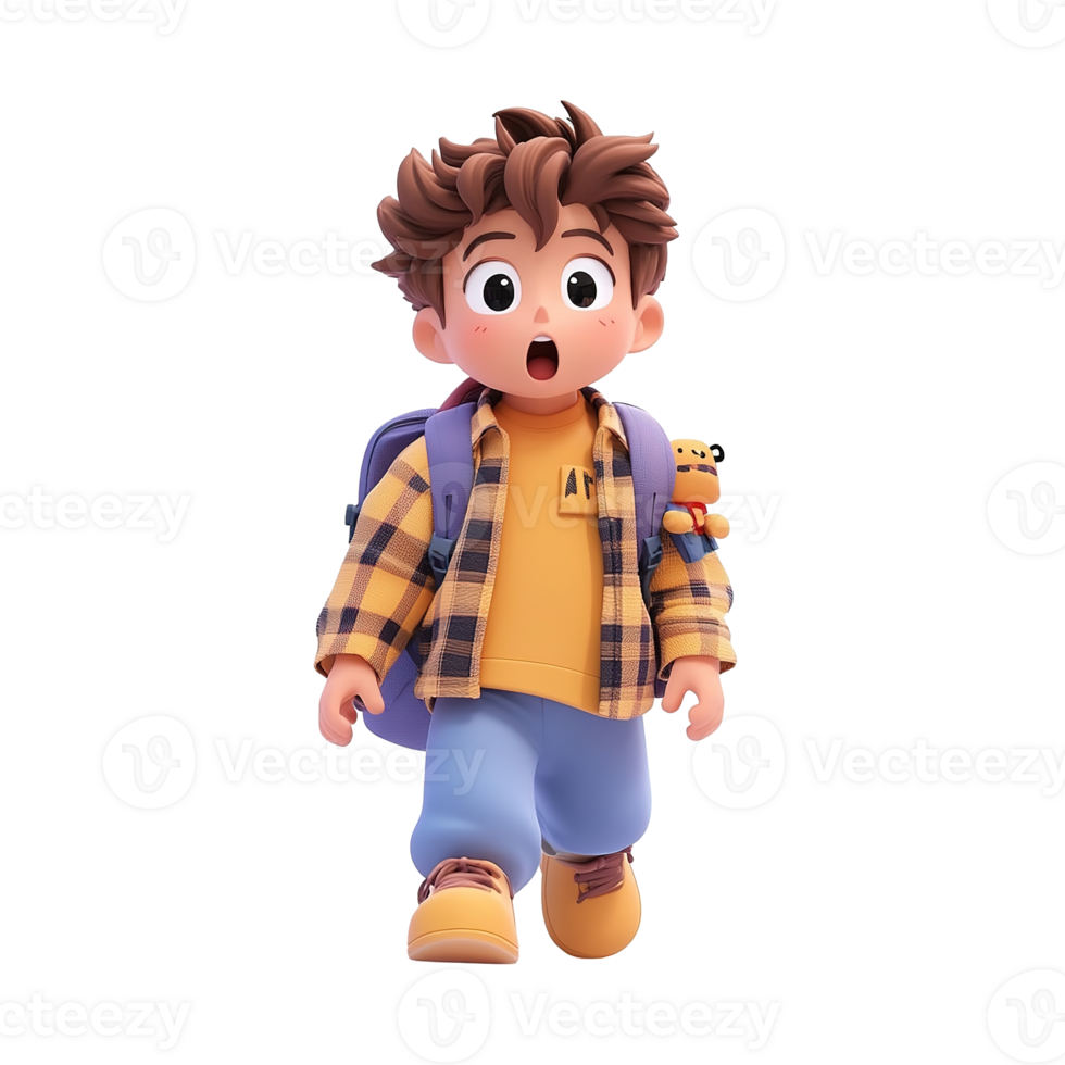 Surprised Boy Walking With Backpack And Toy Isolated on Transparent Background png