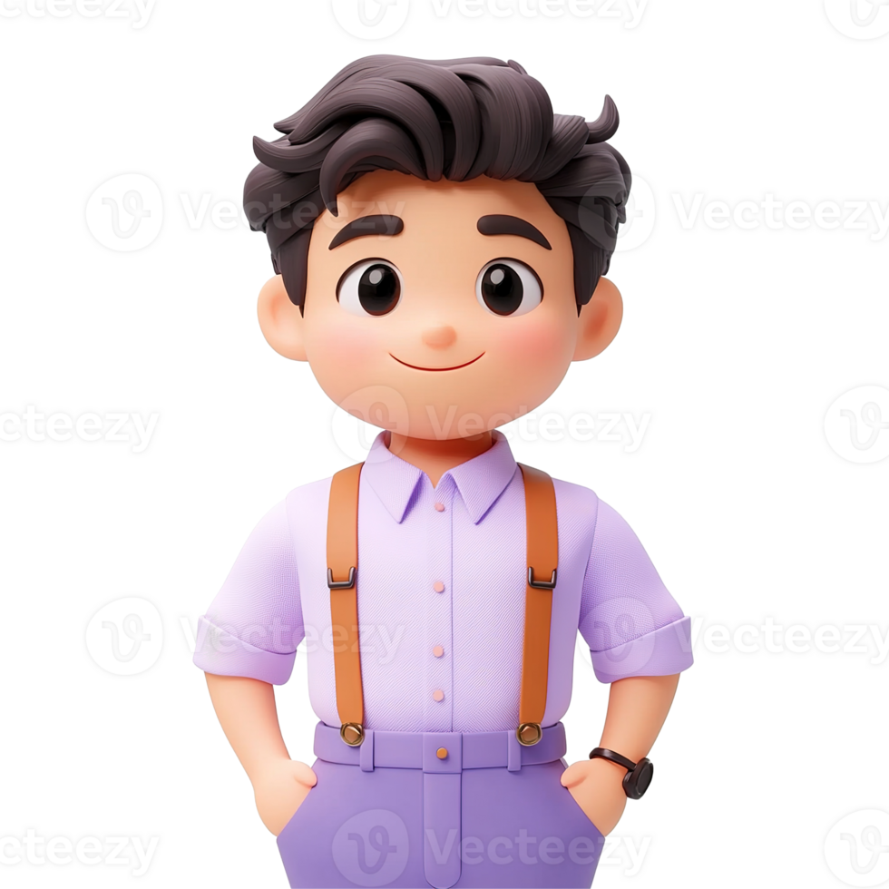 A cheerful 3D rendered boy model in purple attire Isolated on Transparent Background png
