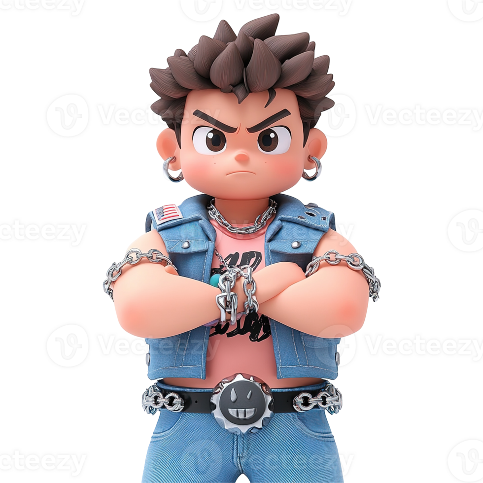 A stylized boy character with crossed arms and chains Isolated on Transparent Background png