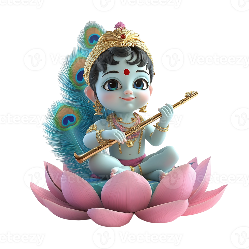 Adorable Baby Krishna Playing Flute on Lotus Isolated on Transparent Background png