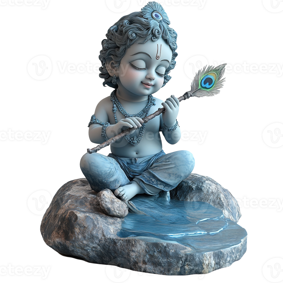 Serene Baby Krishna Statue Playing Flute on Rock Isolated on Transparent Background png