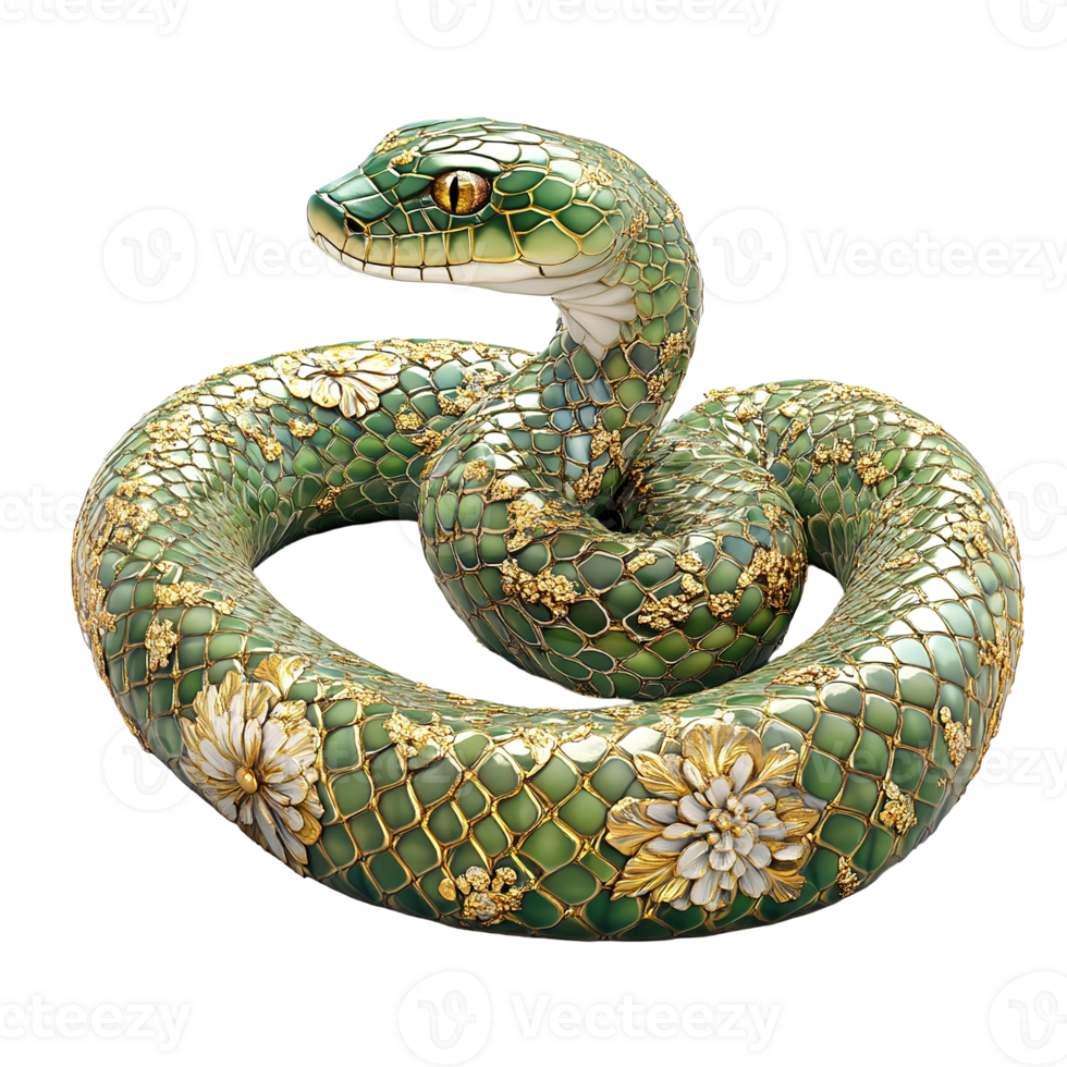 Ornate Green Snake Adorned With Gold And Flowers Isolated on Transparent Background png