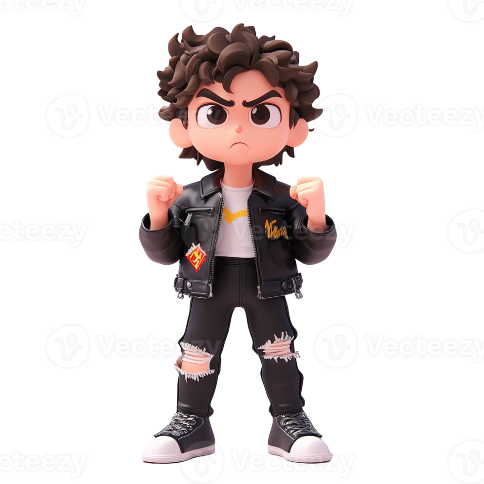 A defiant cartoon boy in a leather jacket stands ready png
