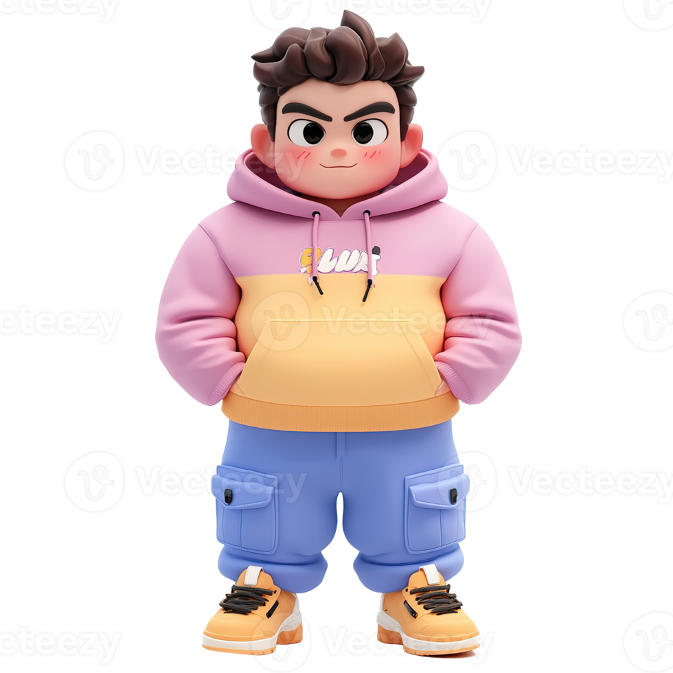 A cute cartoon boy wearing a pastel hoodie and cargo pants png