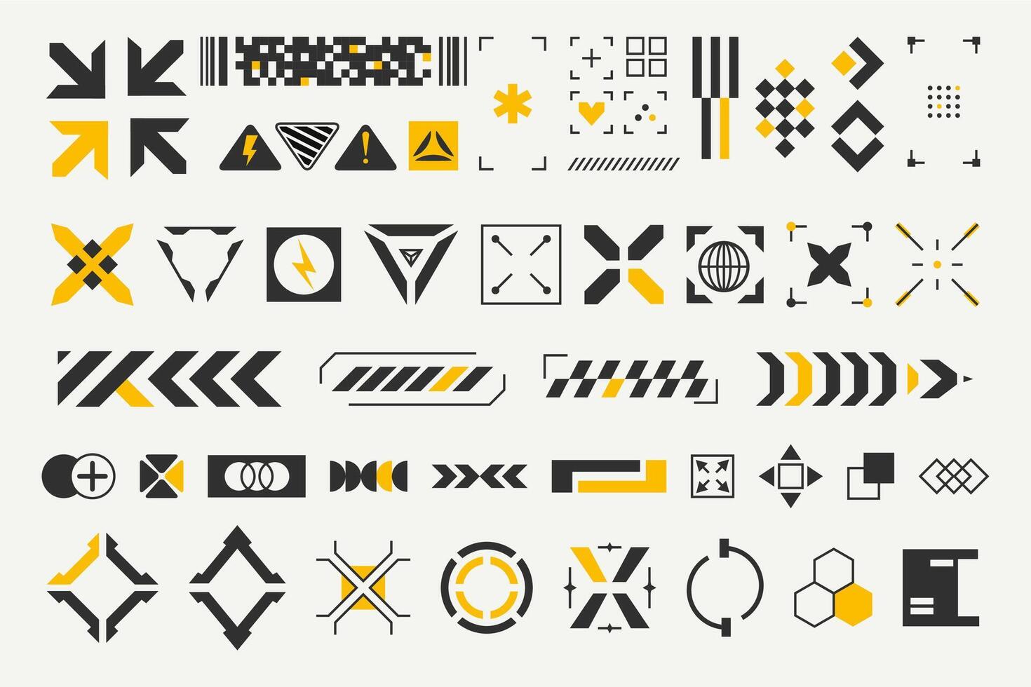 Futuristic sci fi UI elements in black and yellow. Cyberpunk themed interfaces, HUD overlays vector