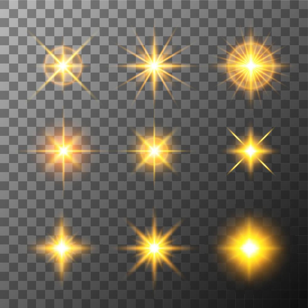 Golden light flares set on dark background, glowing star effects vector