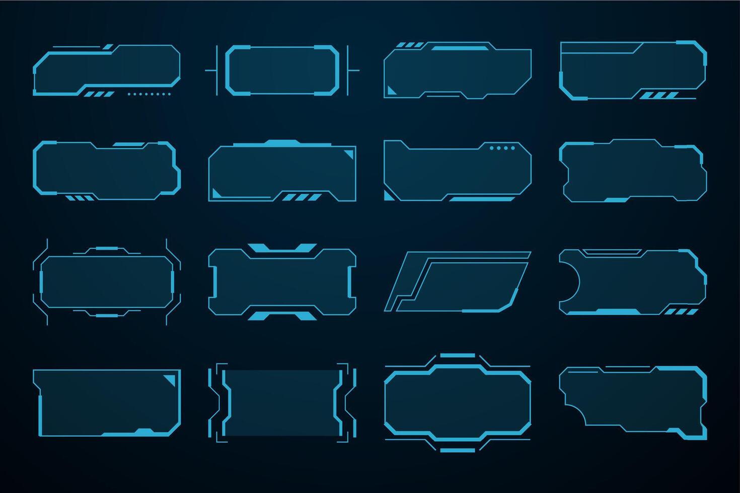 Futuristic HUD title frames with neon blue outlines on a dark background. Cyberpunk interfaces and gaming overlays vector