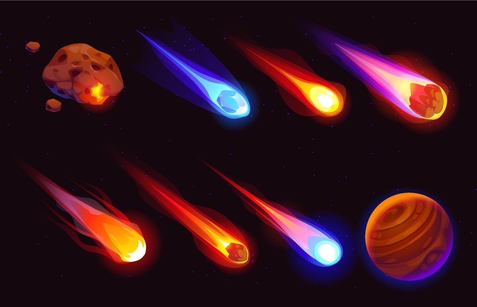 Cartoon galaxy space meteors, comets and asteroids vector