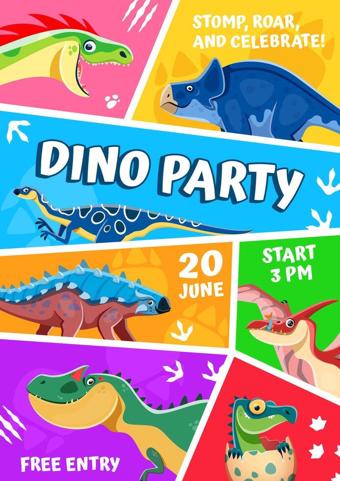 Dino kids party flyer with funny dinosaur lizards vector
