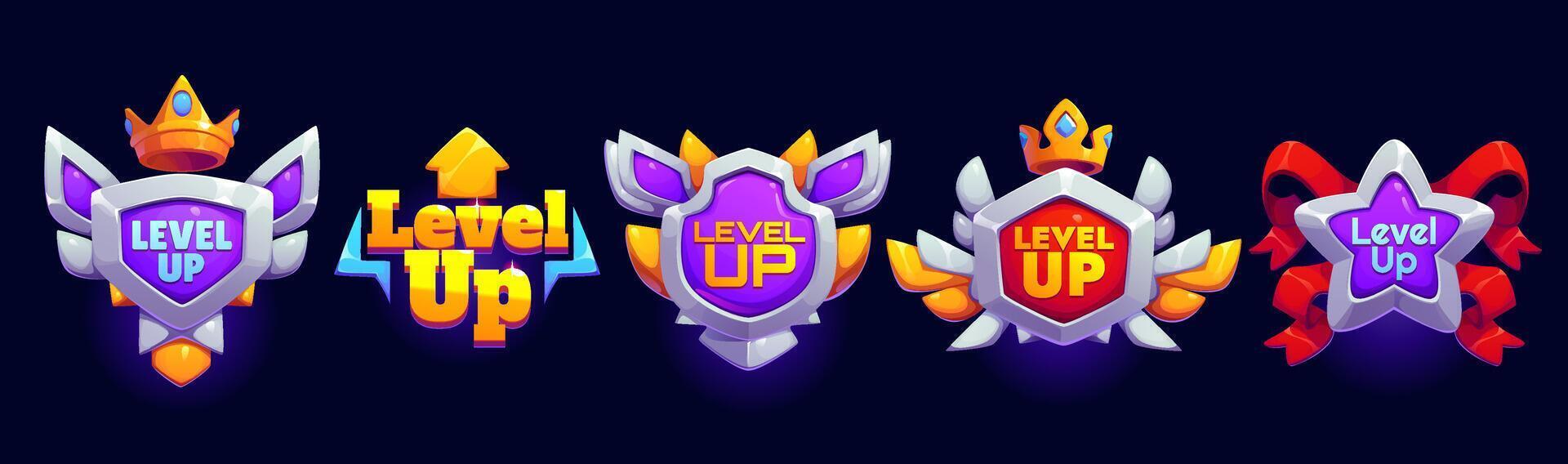 Level up game achievement rank and rate icons vector