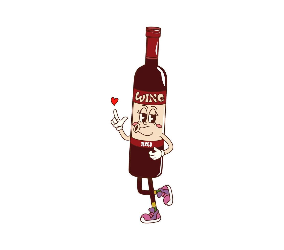 Cartoon groovy wine bottle character with heart vector