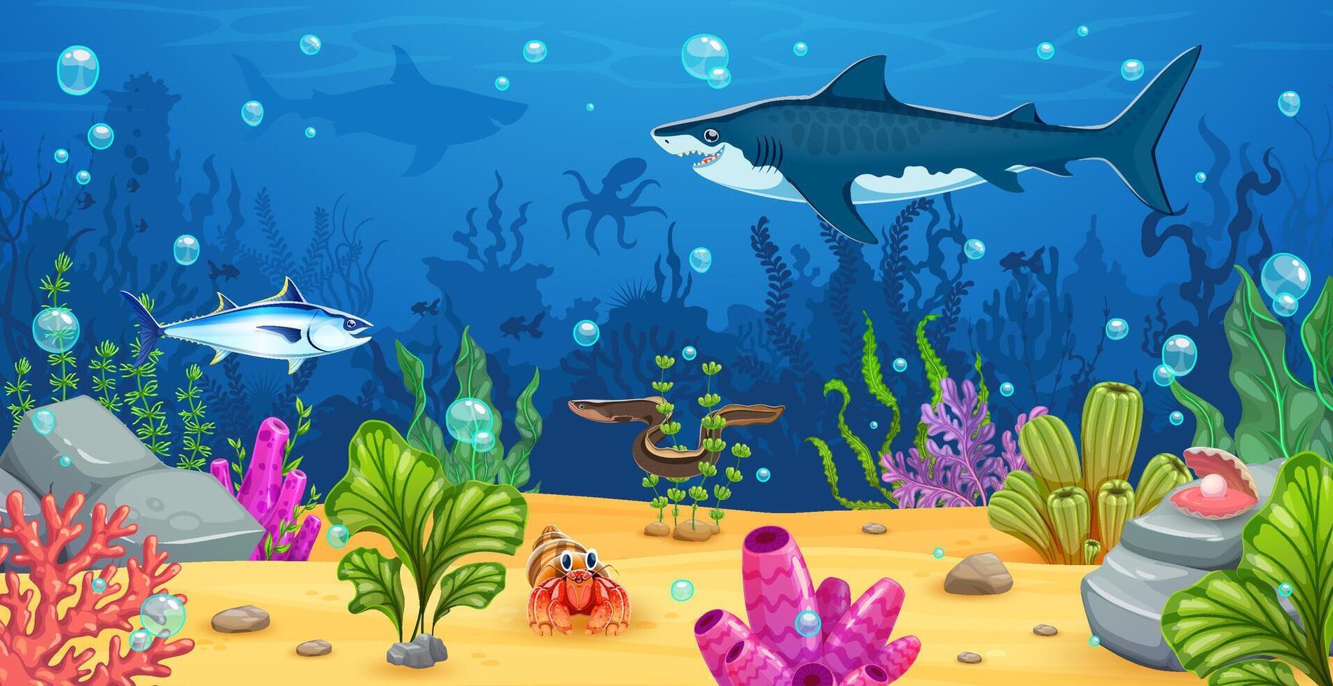 Underwater game landscape with sea animals, fish vector