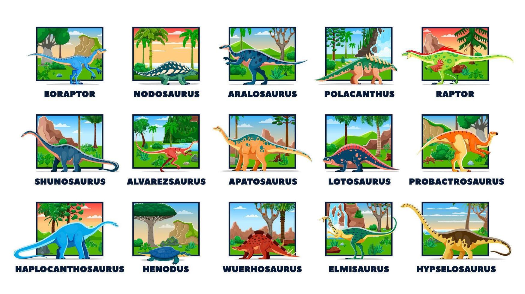 Cartoon prehistoric dinosaurs, vibrant set vector