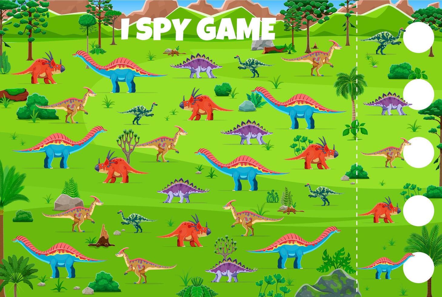 I spy game worksheet, funny prehistoric dinosaurs vector