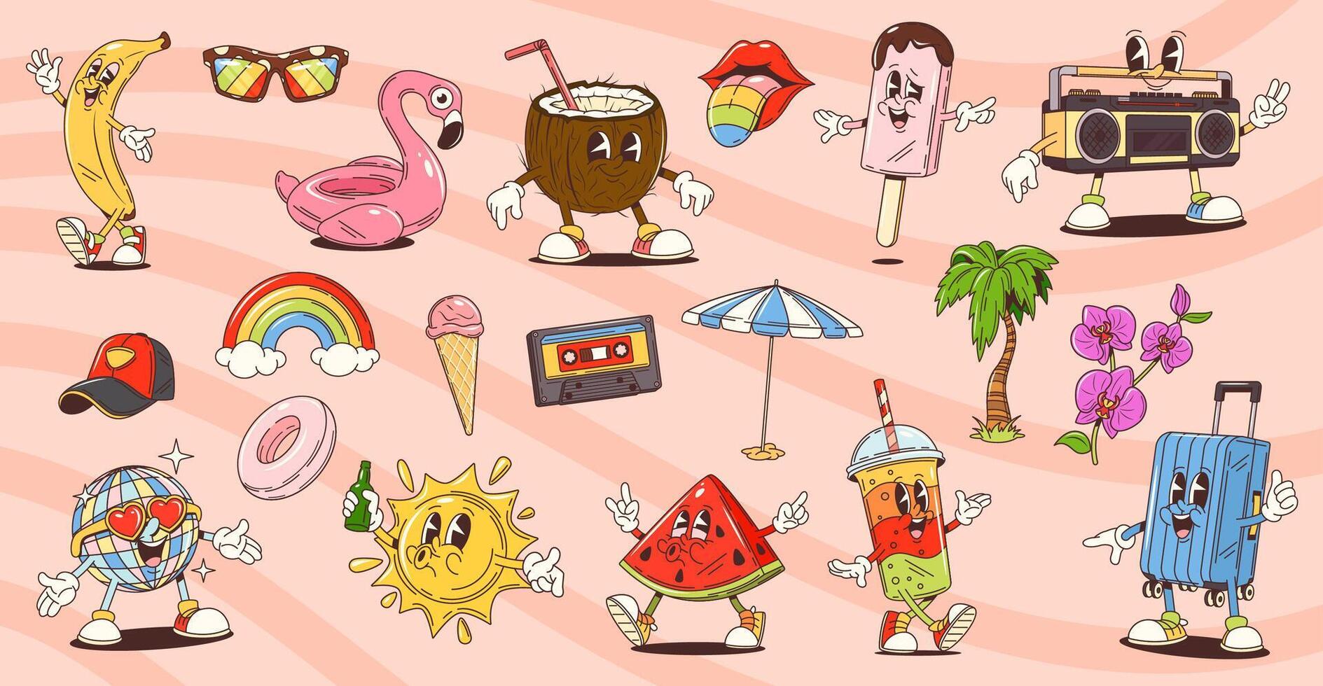 Groovy travel and summer beach leisure characters vector