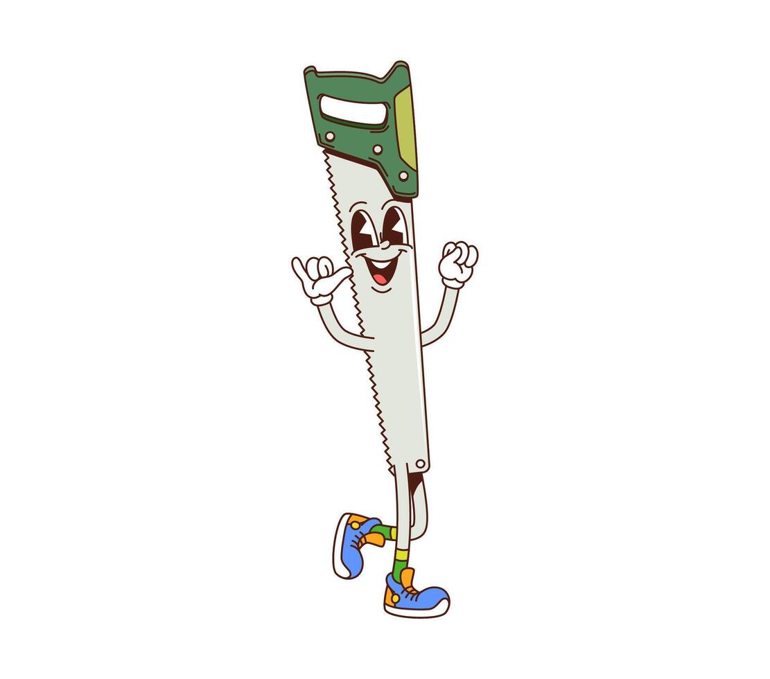 Groovy hand saw work tool DIY cartoon character vector