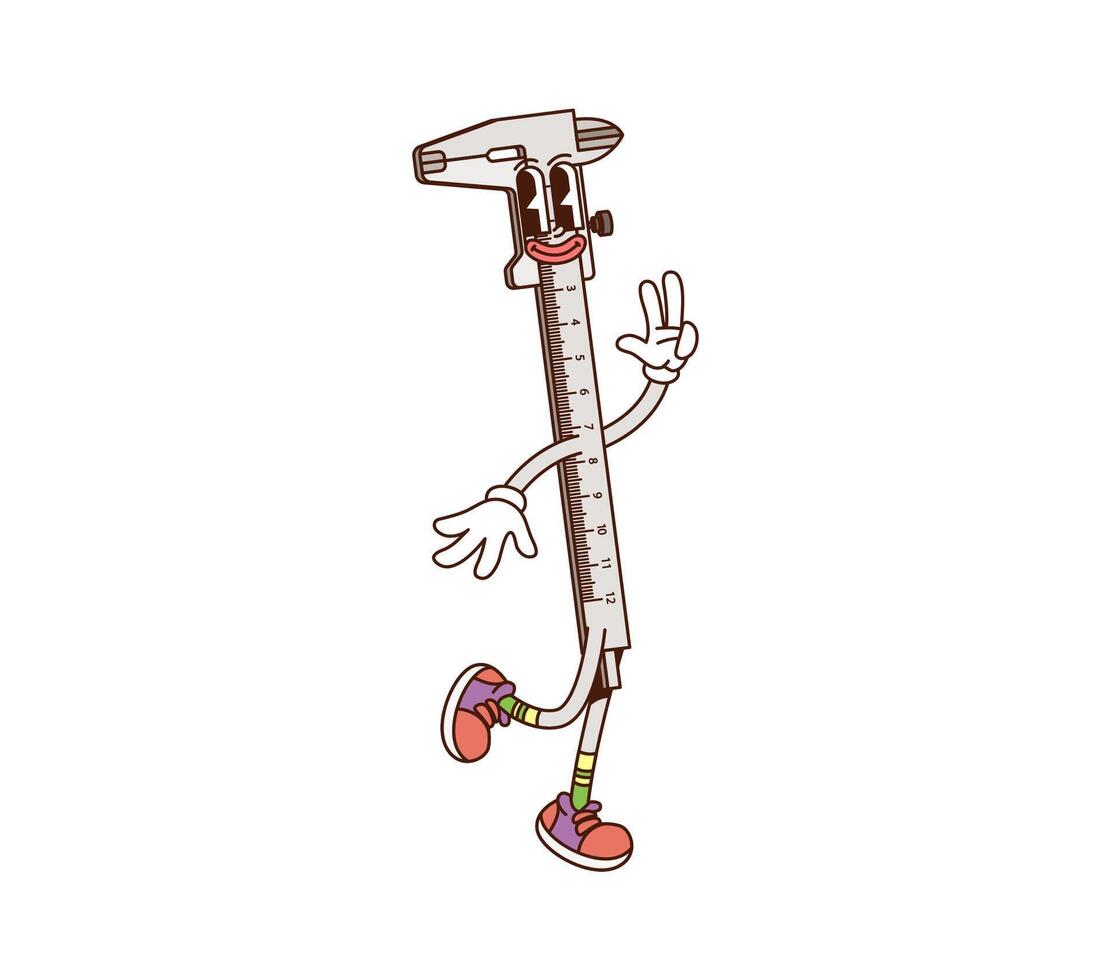 Groovy work tool cartoon DIY character, calipers vector