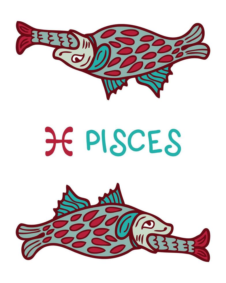 Medieval bestiary style Pisces zodiac horoscope symbol. Perfect print for tee, sticker, card, poster. Hand drawn illustration. vector