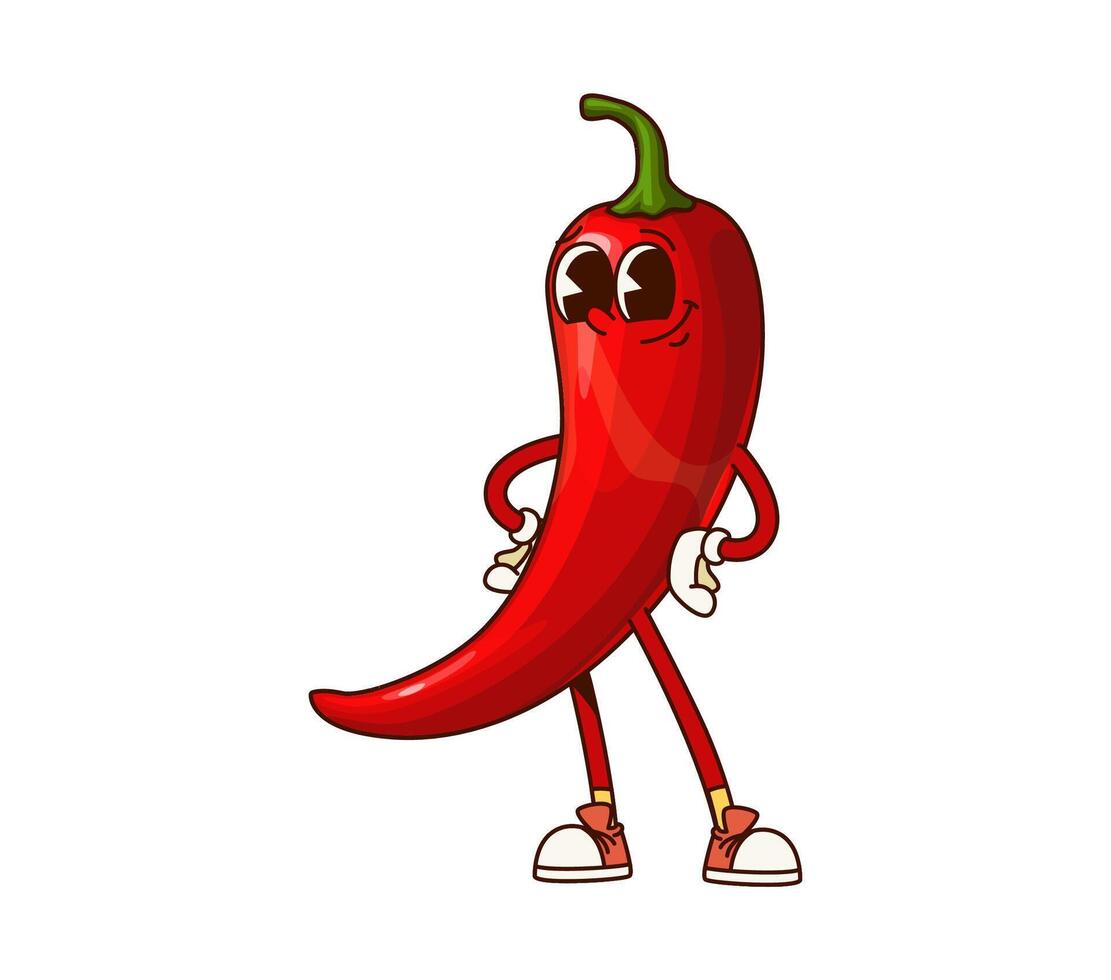 Groovy chili pepper vegetable cartoon character vector